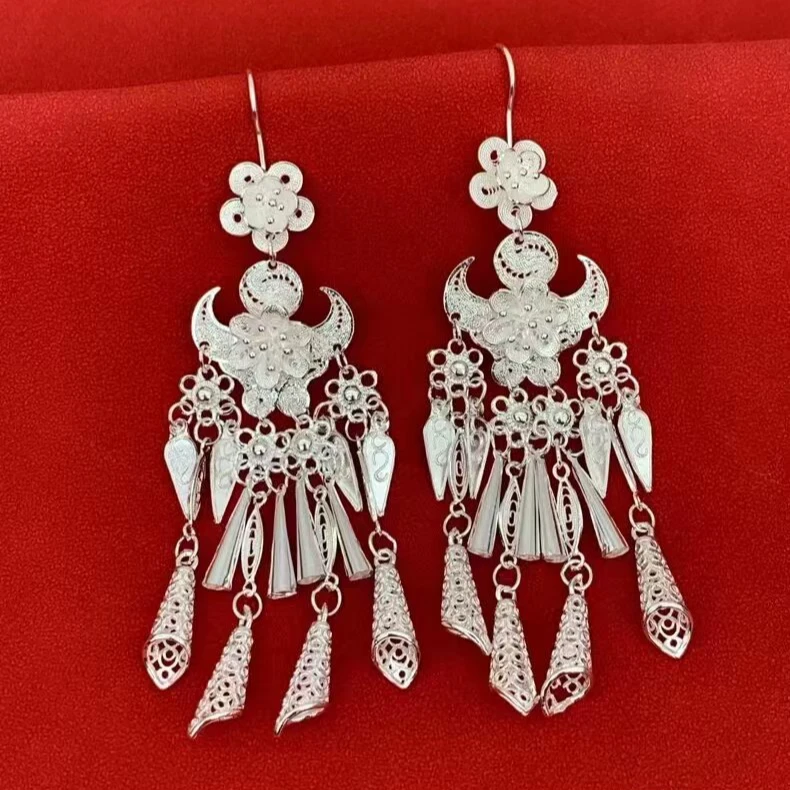 足银耳饰 足银999民族风花丝工艺水牛角流苏小喇叭耳环长款精美。。