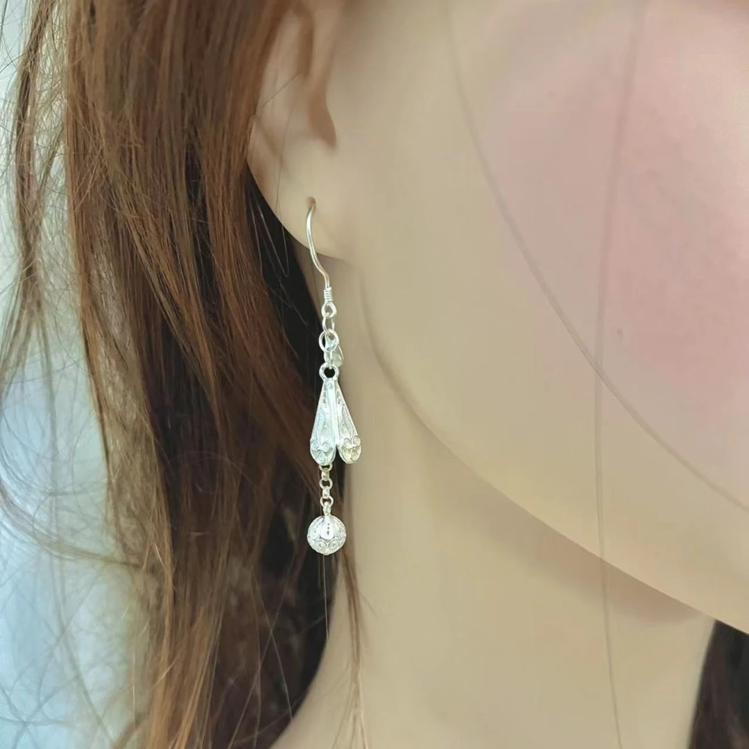 足银耳饰 足银999民族风工艺时尚百搭流苏珠珠耳环精美流苏耳环