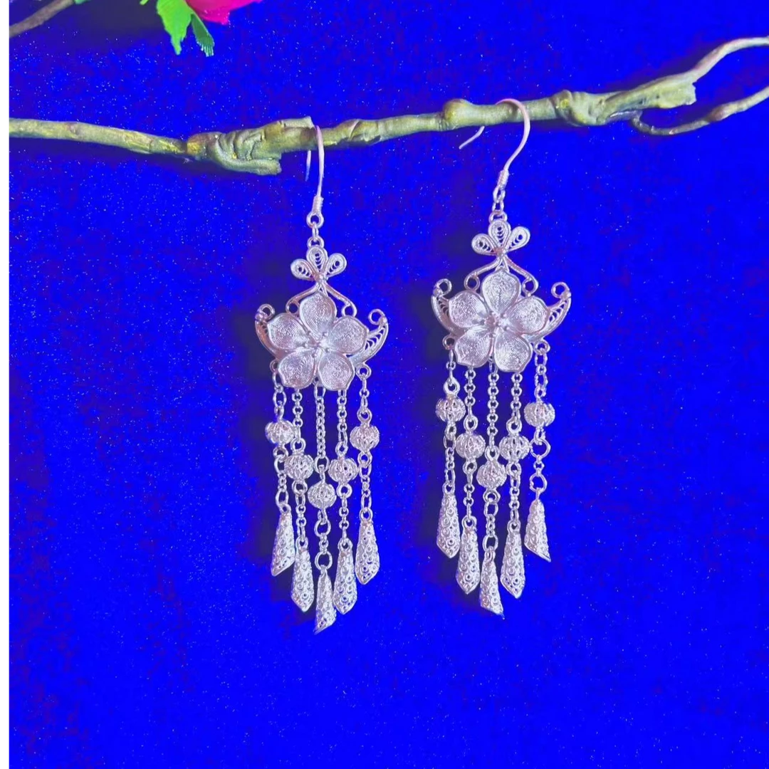 足银耳饰 足银999精美花丝工艺步步生莲耳环民族风重工气质长款..