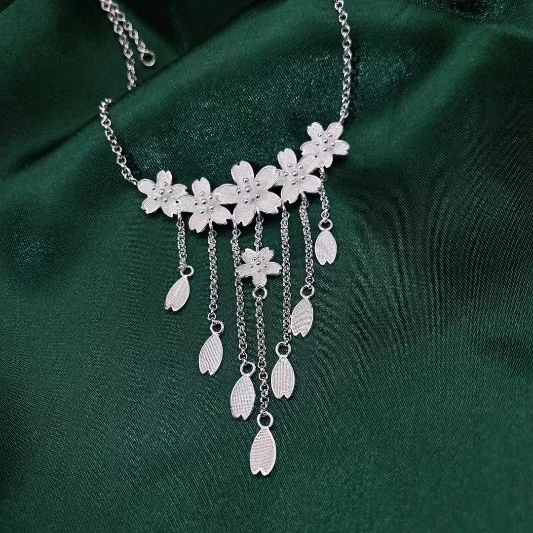 坠链均足银 足银999 流苏套链手工拉丝流苏小花朵时尚套链小众