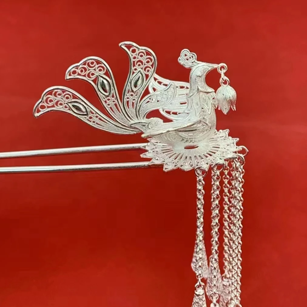 足银银制品 足银999民族风工艺花丝工艺凤凰流苏发簪纯手工发簪。，