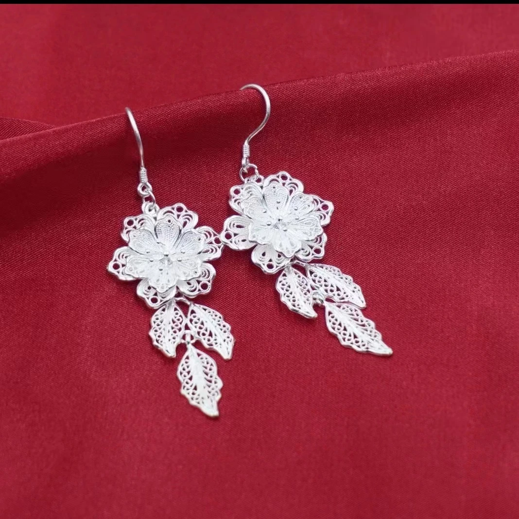 足银耳饰 足银999民族风大花花流苏三片花丝叶子耳环精美百搭