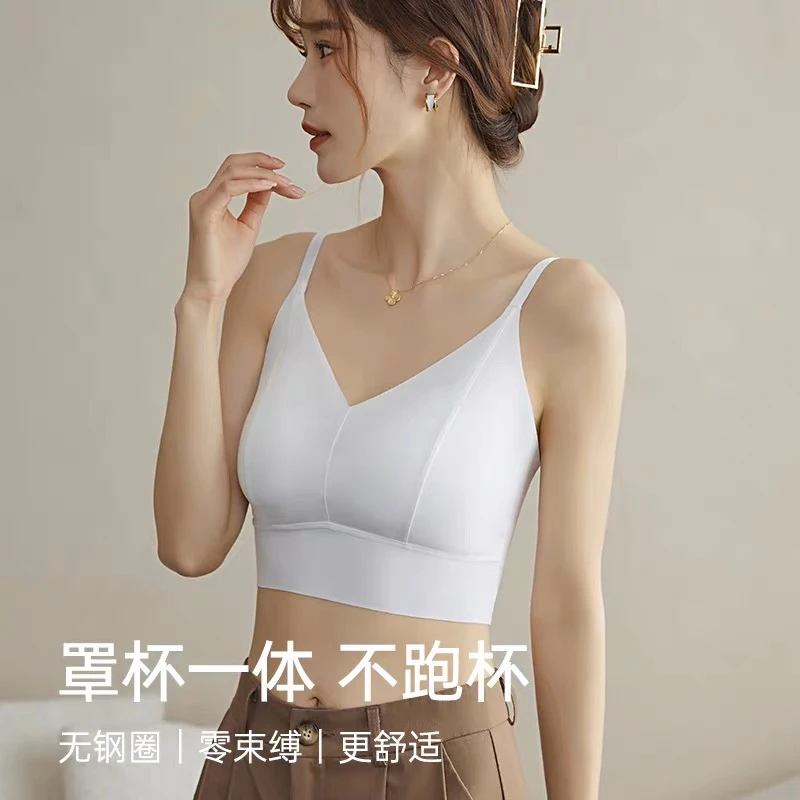 网红同款短款冰丝无痕防走光吊带打底背心性感乳胶杯胸垫裹胸内搭