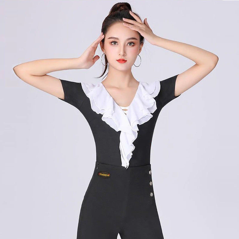 拉丁舞上衣夏吉特巴舞蹈服装新款时尚舞蹈摩登舞服短袖荷叶边春夏