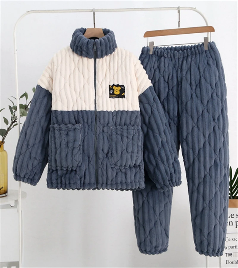 睡衣男冬季青年时尚加厚加绒保暖棉袄三层夹棉可外穿家居服套装