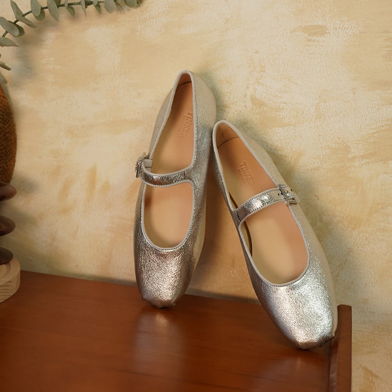 Tinker  银色芭蕾舞鞋 浅口玛丽珍单鞋奶奶显脚秀气平底单鞋软底