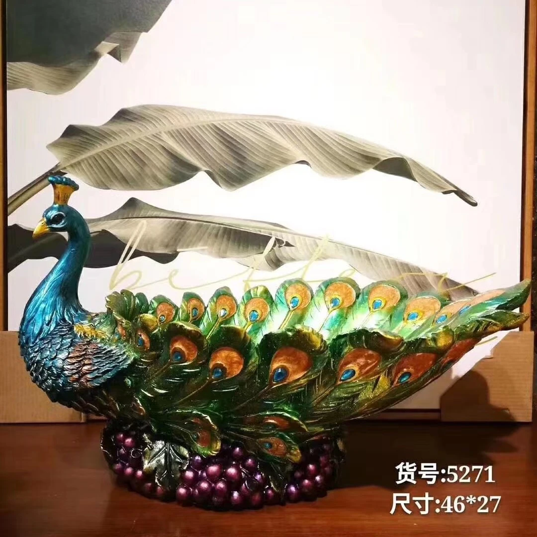 孔雀摆件果盘高档树脂纯手工绘制客厅电视柜玄关柜家用工艺品摆件