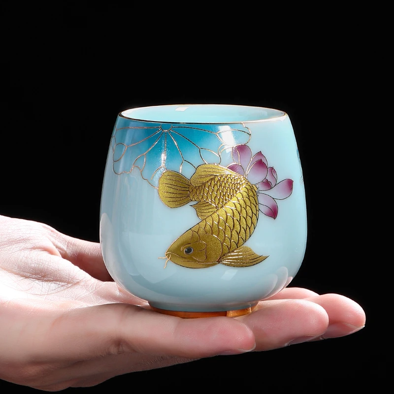 青瓷茶杯陶瓷品茗杯中国风金龙鱼情侣对杯主人杯家中式收藏伴手礼