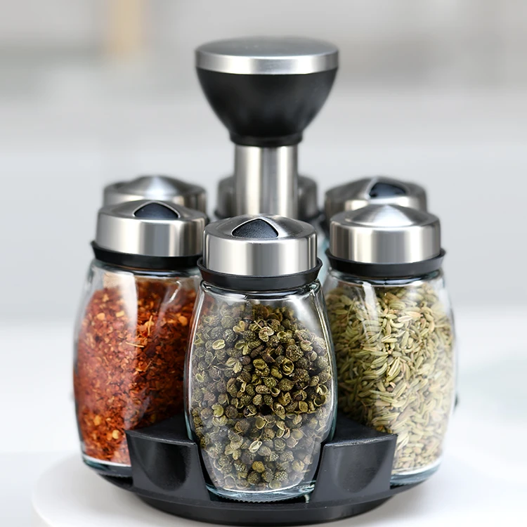 旋转调料瓶七件套调味罐厨房收纳调味罐密封玻璃调料瓶撒料瓶