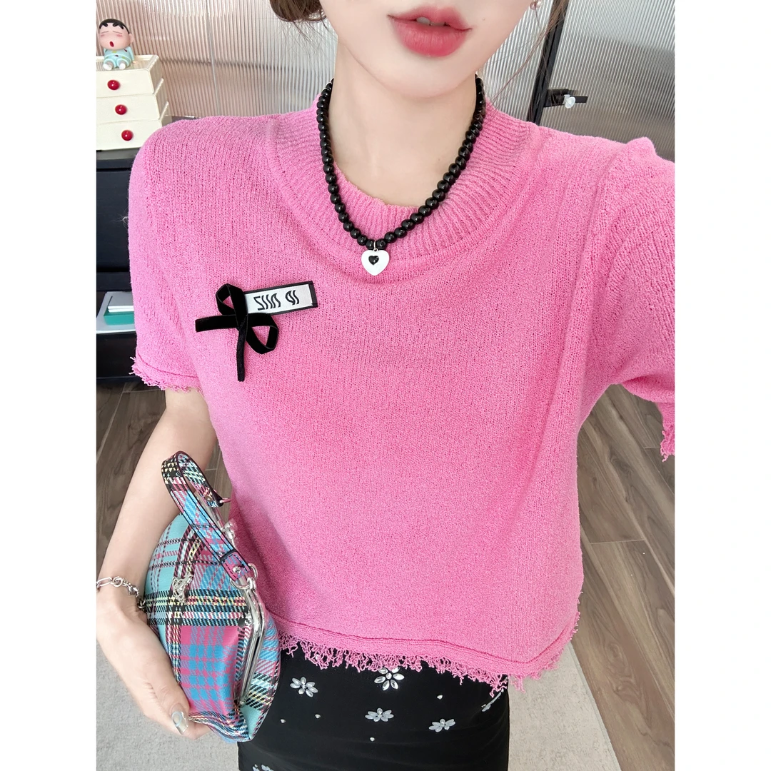 QXQT 理性消费NO退NO换「粉粉蝴蝶」毛边T恤上衣T46