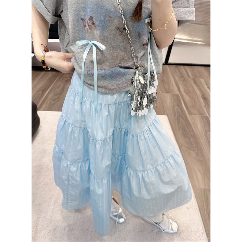 QXQT 理性消费NO退NO换「蓝岛花语」抽皱条纹半身裙QQQ78