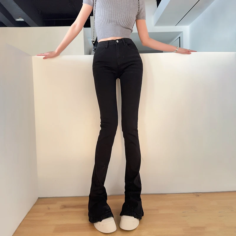 裤长111cm 夏季超薄牛仔马蹄裤女加长高个子高腰紧身喇叭裤子超弹