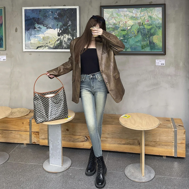 秋冬加绒加长靴子裤小脚牛仔裤女超弹水洗蓝色九分显瘦提臀铅笔裤