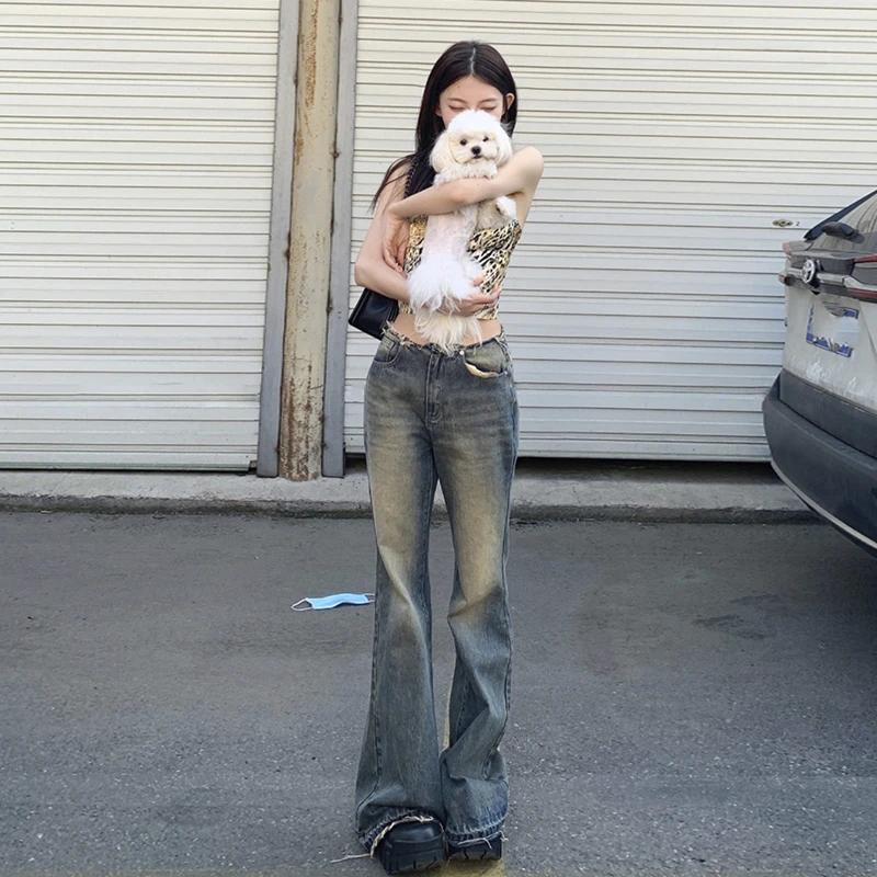 裤长107cm 美式复古微喇叭牛仔裤女秋冬加长中腰毛边拖地阔腿裤子