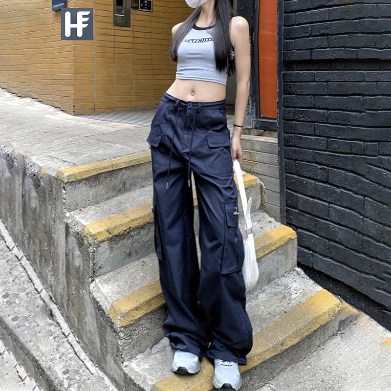 裤长110cm 秋冬新款藏青辣妹纯棉美式工装裤女加长窄版阔腿牛仔裤