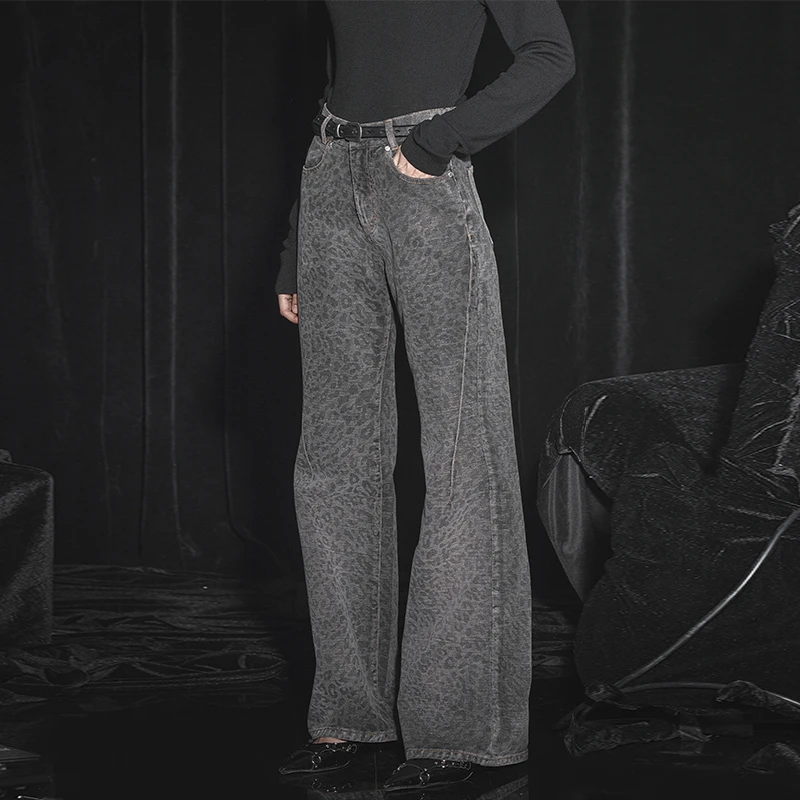 裤长109cm 秋季新款时髦暗色阔腿豹纹牛仔裤女高腰宽松高个子窄版