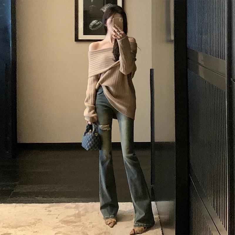 【裤长110cm】复古蓝色破洞加长微喇牛仔裤秋冬高个子喇叭马蹄裤