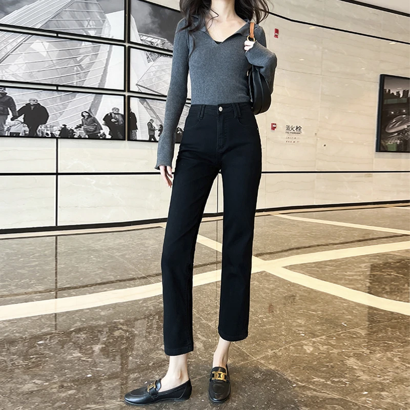 纯黑色加长牛仔烟管裤女秋季新款法棍裤九分裤脚高腰直筒裤超弹