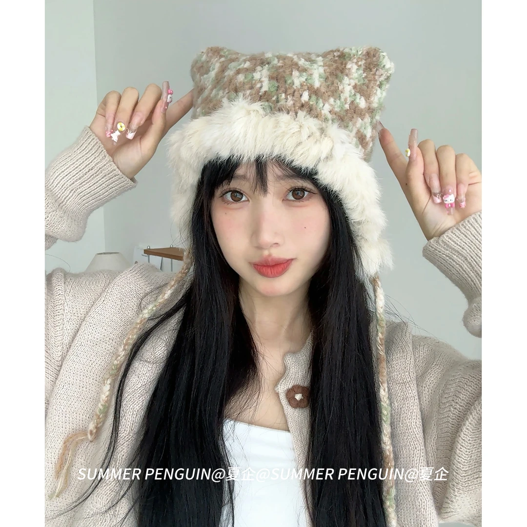 SUMMER PENGUIN真兔毛混色针织毛线帽女秋冬保暖护耳帽卖萌雷锋帽