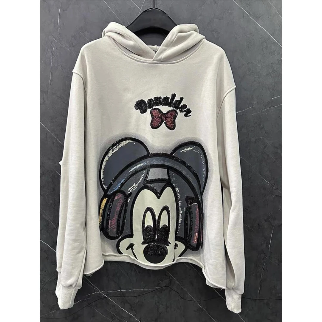 2024秋季新款重工亮片印花卡通结米奇连帽卫衣宽松上衣107