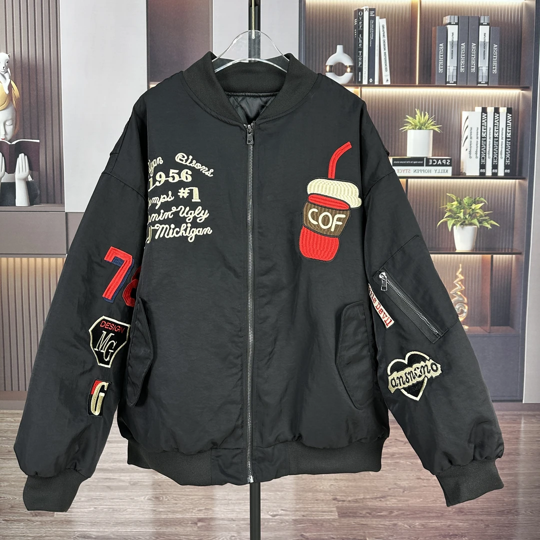 2024秋冬新款重工刺绣可乐棒球服宽松时尚夹棉外套133