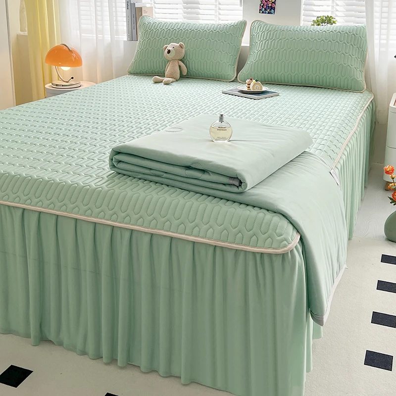 床裙款乳胶凉席四件套夏天床上冰丝席1.8m床罩空调软席纯色公主风