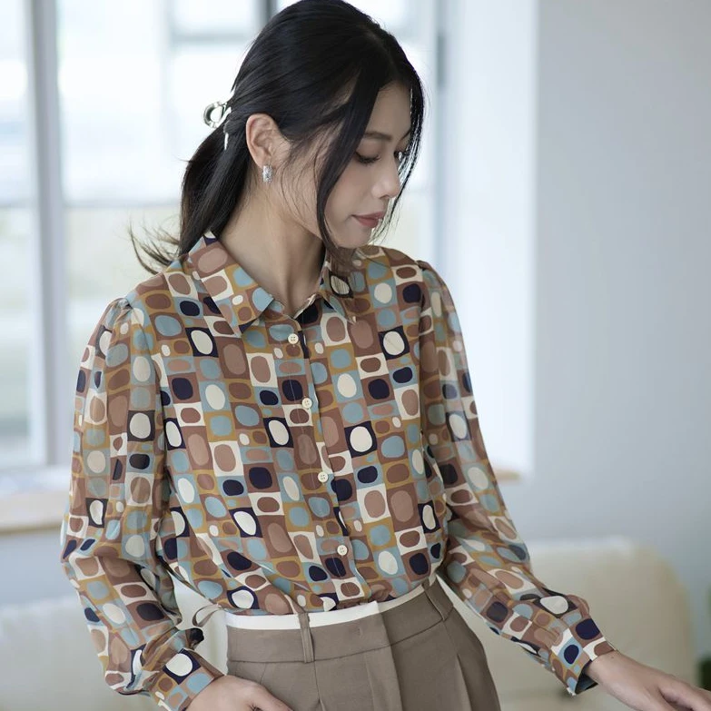(秋意浓）韩范初秋时尚长袖气质显瘦洋气减龄百搭设计感印花衬衣