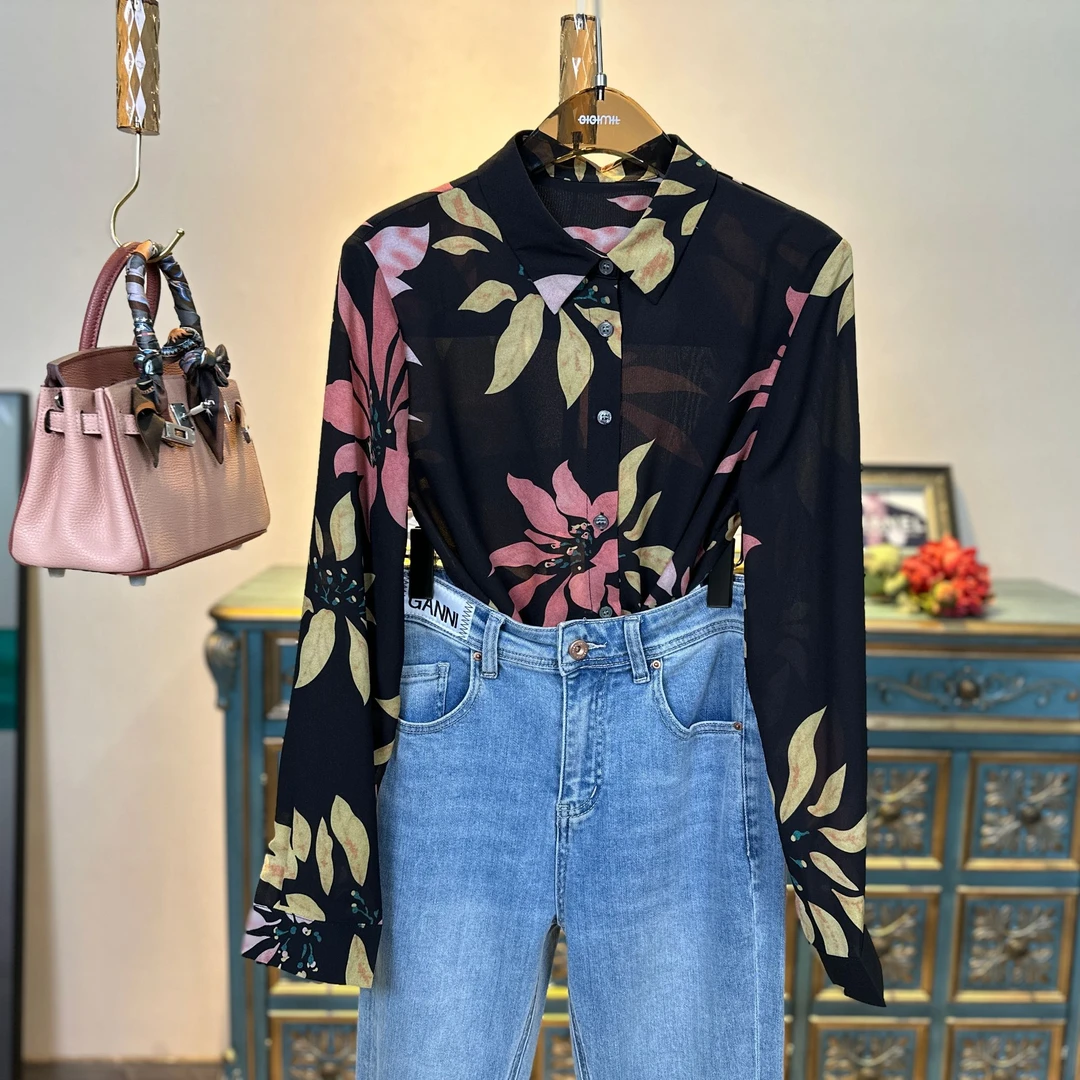 原创新款（太阳女神）碎花女衬衫气质优雅减龄显瘦高级感印花女衬衣