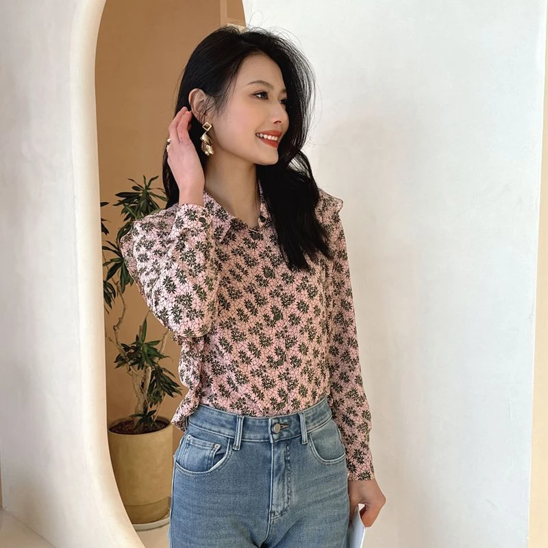 （新双生花）时尚原创轻奢韩范粉色碎花女衬衫气质洋气显瘦高级感