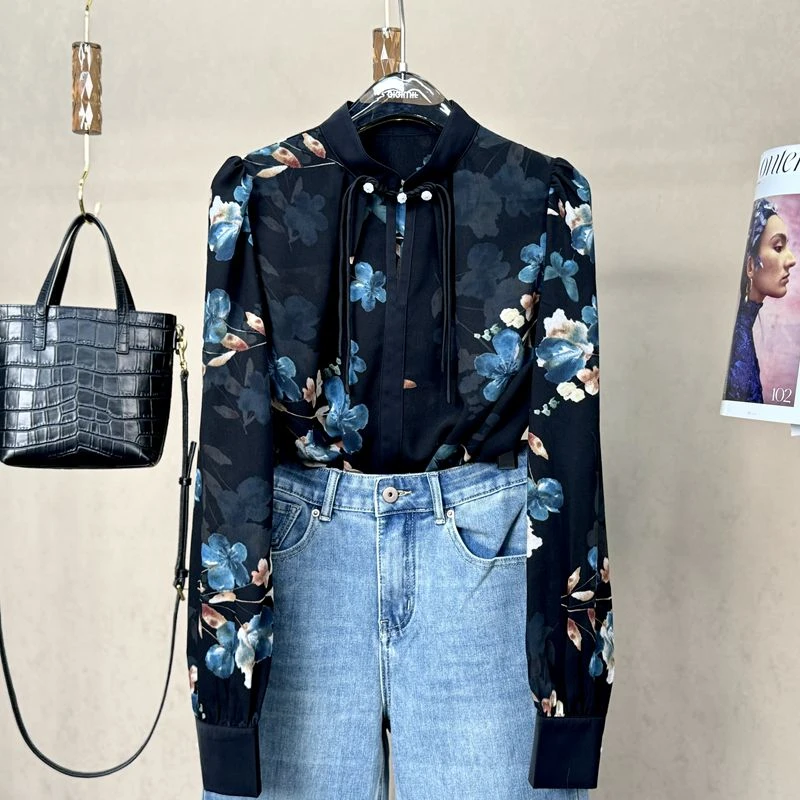 （静若繁花）春季新款国风长袖气质优雅百搭设计感印花女衬衣