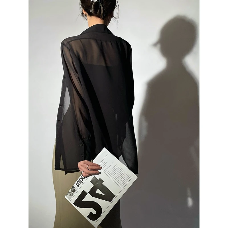 雪纺衬衫女夏季2025新款透视薄纱吊带外搭配防晒衣超薄款正肩上衣