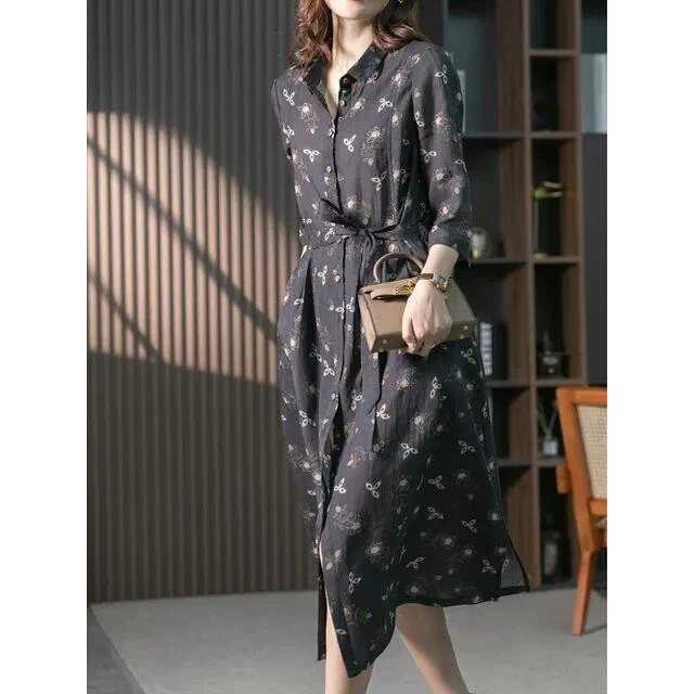 2025春夏新款法式宽松系带收腰气质显瘦碎花苎麻中长款开衫衬衣裙