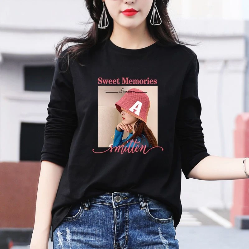 黑色长袖t恤女宽松春秋圆领大码印花上衣外穿休闲百搭简约打底衫