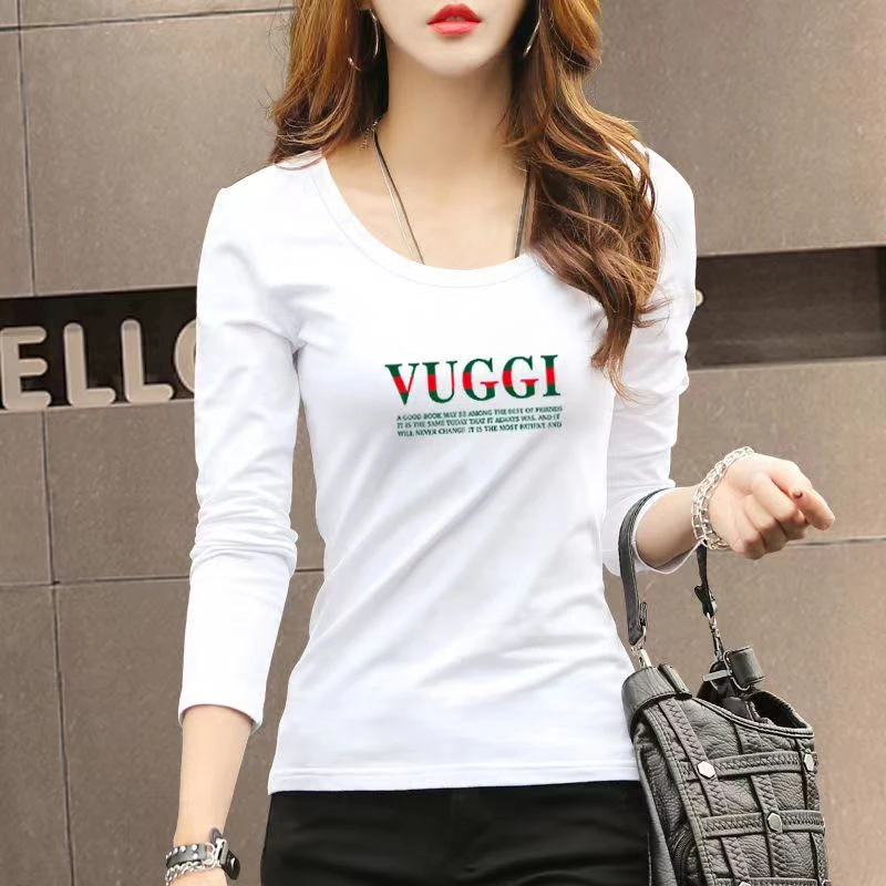 白色棉T恤女长袖修身打底衫春秋新款圆领印花简约百搭外穿秋衣女