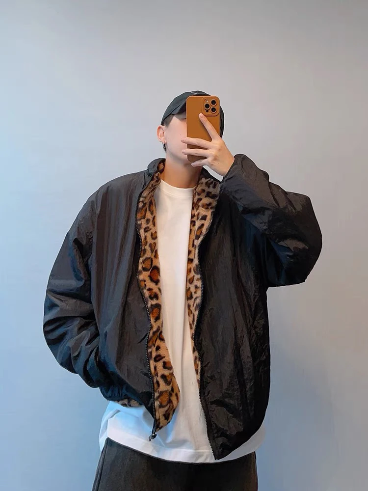 冬季新款潮牌复古慵懒风痞帅毛绒绒豹纹撞色两面穿棉衣加厚外套男