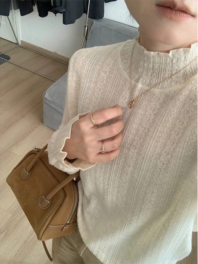 法式气质木耳边针织衫女秋季新款显瘦内搭高领打底衫上衣1444