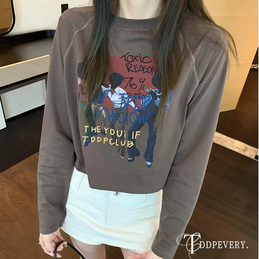 TDDP 复古美式涂鸦印花短款长袖T恤女2024新款早秋设计感宽松上衣