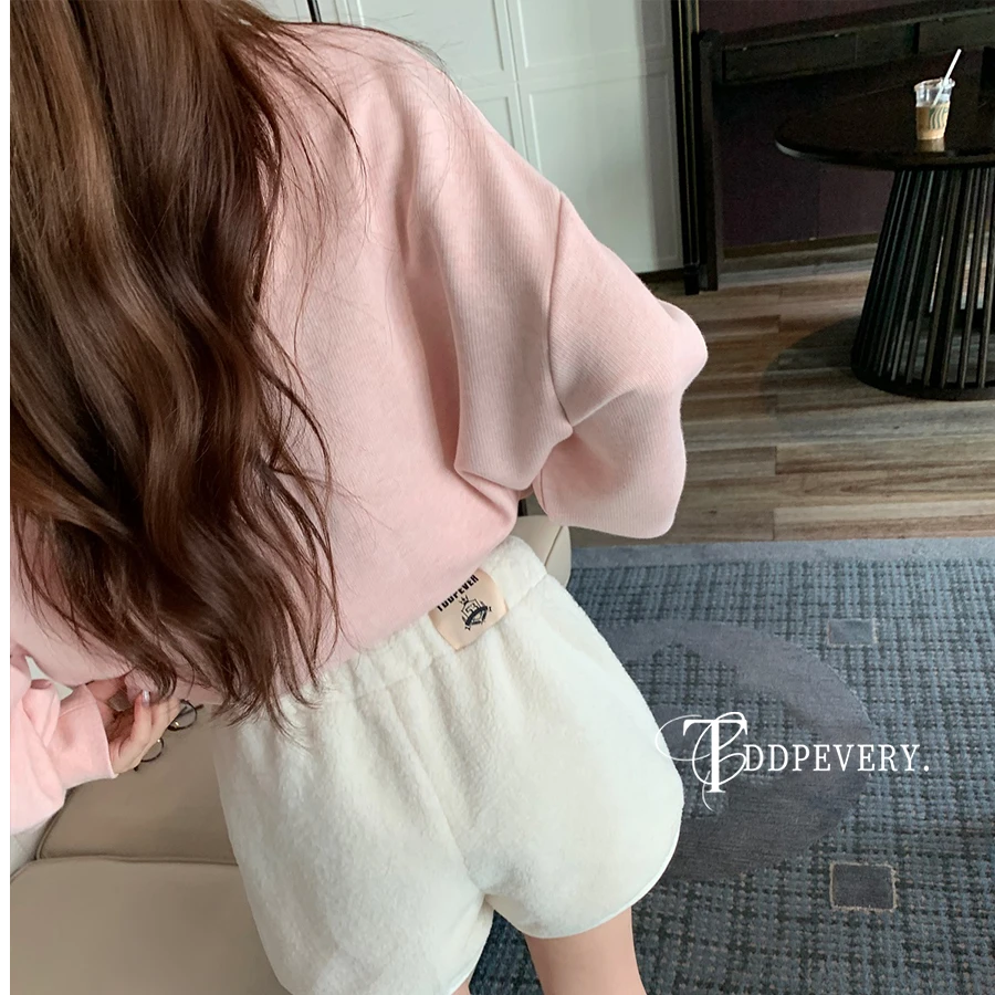 TDDP 羊羔绒休闲短裤女2024年新款秋冬松紧腰显瘦宽松氛围感裤子