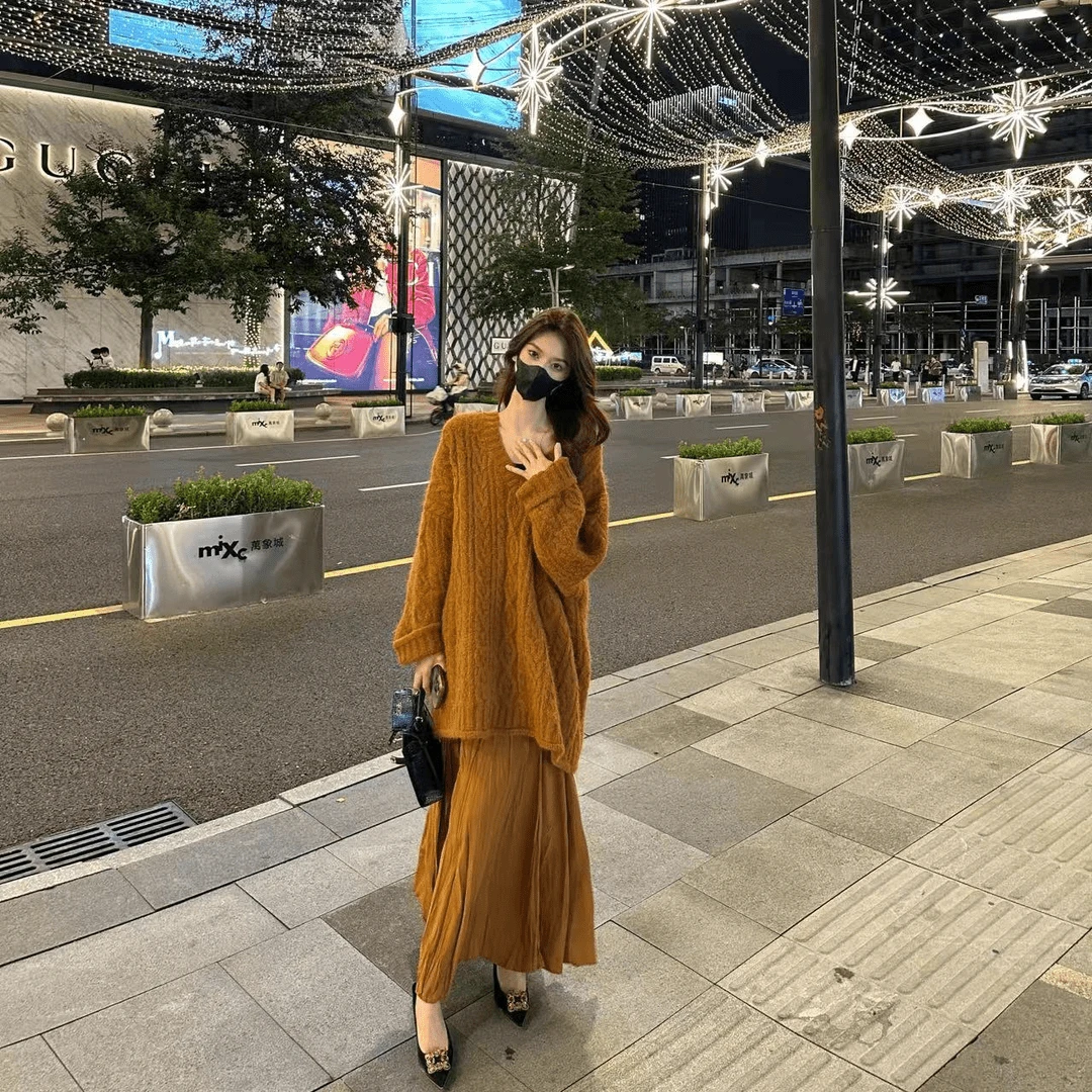 【24TZ144】SP秋冬v领宽松慵懒风重工毛衣上衣半身裙两件套女