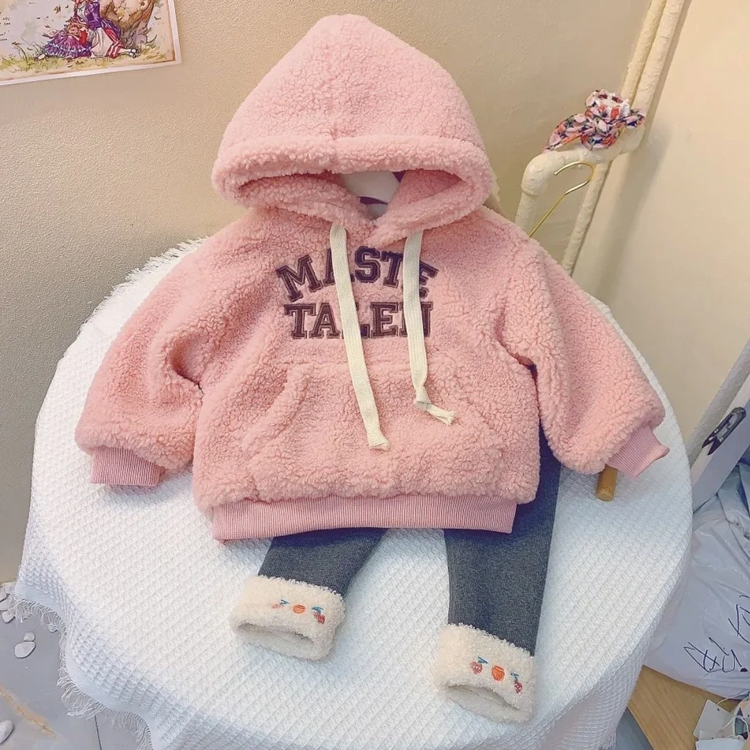 儿童童装女童冬季套装2023儿童加绒加厚卫衣外套羊羔毛加厚打底