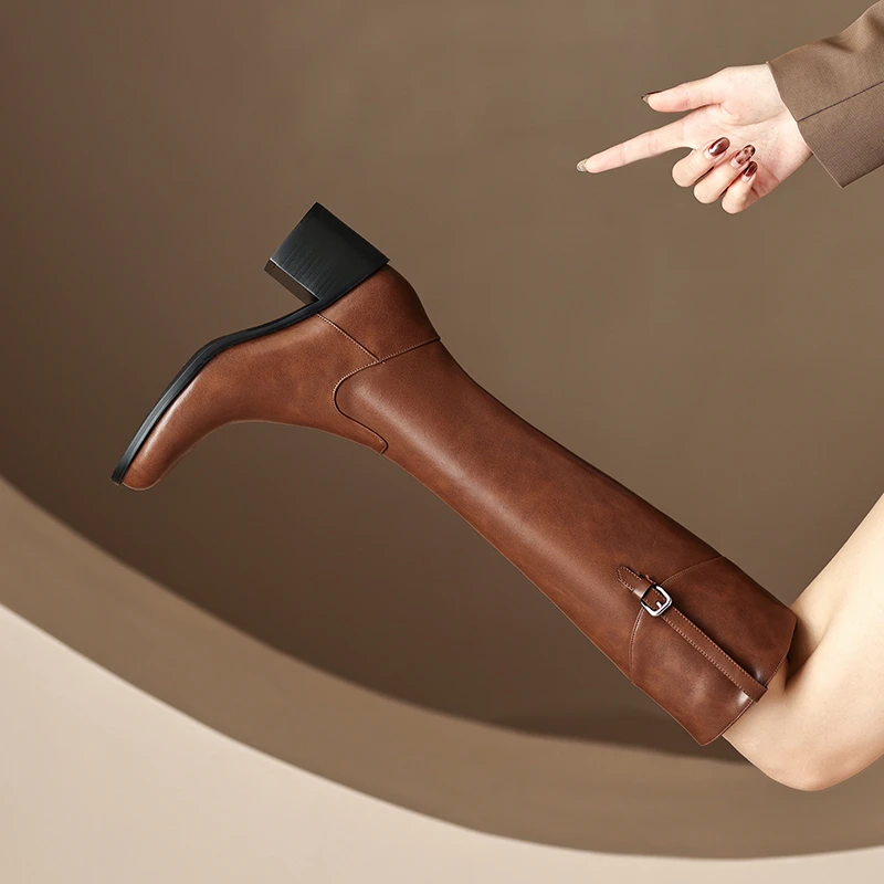 AiLaiLian.【牛皮】跟高6.5cm靴子女长筒靴真皮长靴厚底粗跟骑士靴