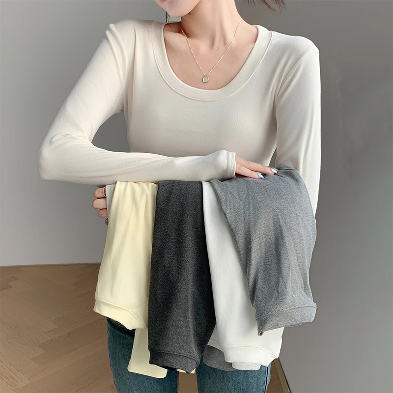 醉梓菡2025春秋新款百搭打底上衣女修身内搭显瘦纯色圆领长袖t恤