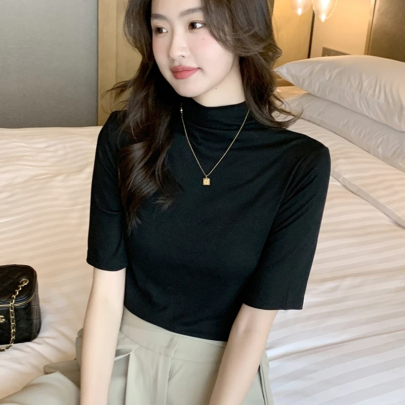 中袖薄款打底衫女春夏新款百搭半高领五分袖黑色t恤短袖上衣潮999