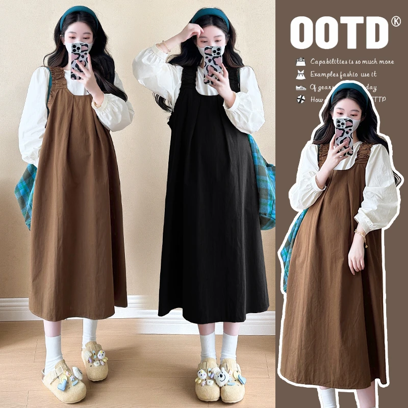 孕妇连衣裙2024秋冬新款衬衣背带裙孕妇连衣裙宽松时尚显瘦