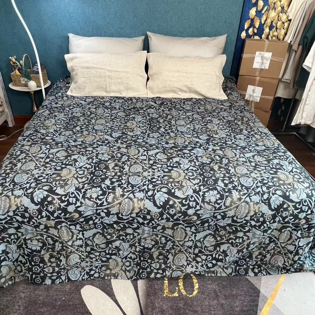 【隐蓝】100%汉麻 数码印花撒金大床单