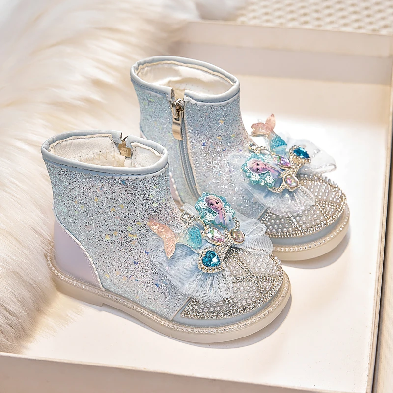 女童靴子2024新款秋冬儿童棉靴爱莎水晶鞋加绒公主靴保暖女孩短靴
