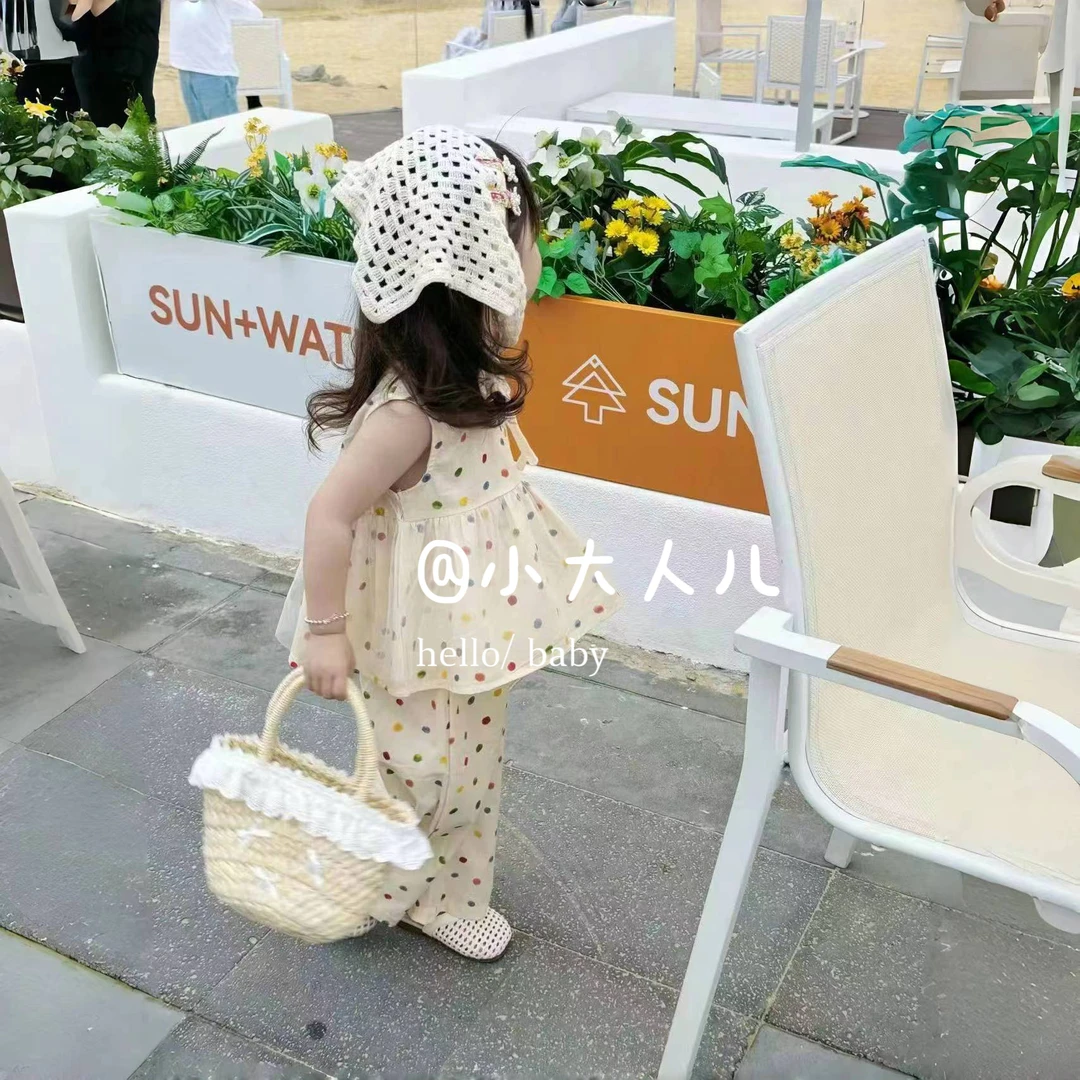 童装女童彩色波点套装2024夏儿童韩版无袖上衣直筒裤两件套