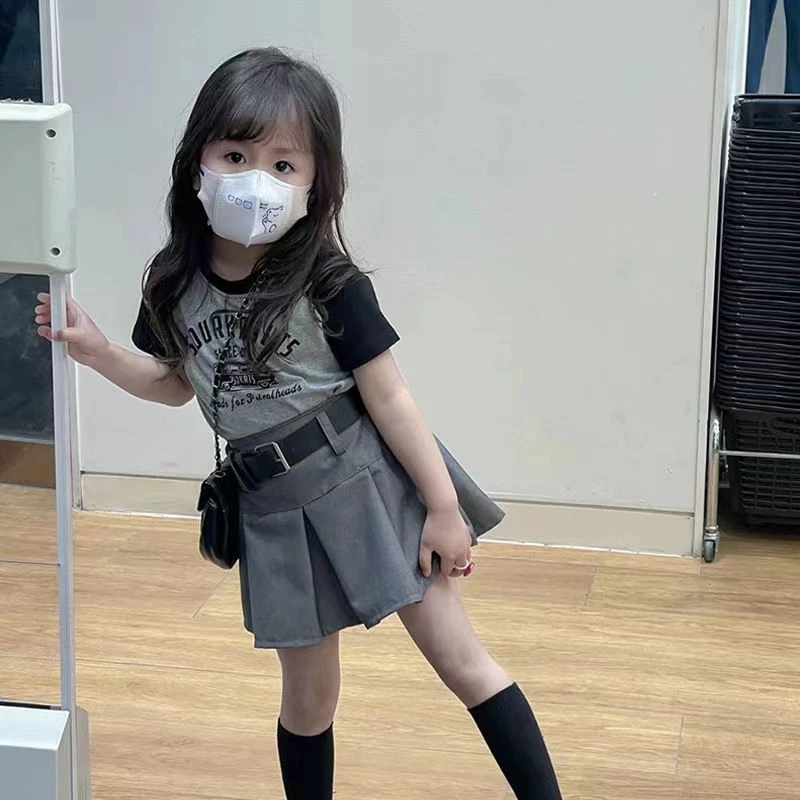 韩版童装女童字母印花短袖T恤氧气半身裙两件套女童拼接色上衣