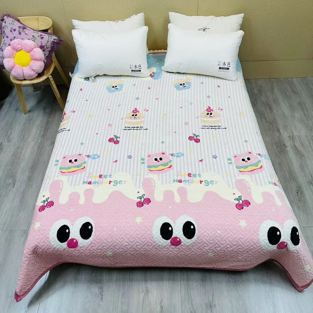 【微瑕】薯条汉堡-粉蓝色云貂绒绗缝床盖2*2.3m