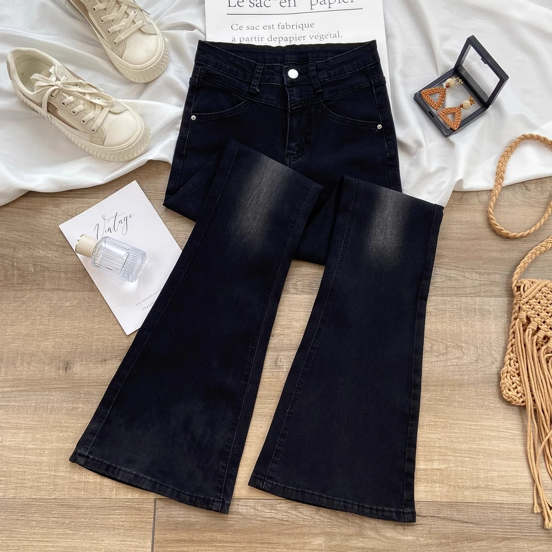 黑灰色微喇牛仔裤女秋季2025新款高腰显瘦小个子弹力拖地喇叭裤女